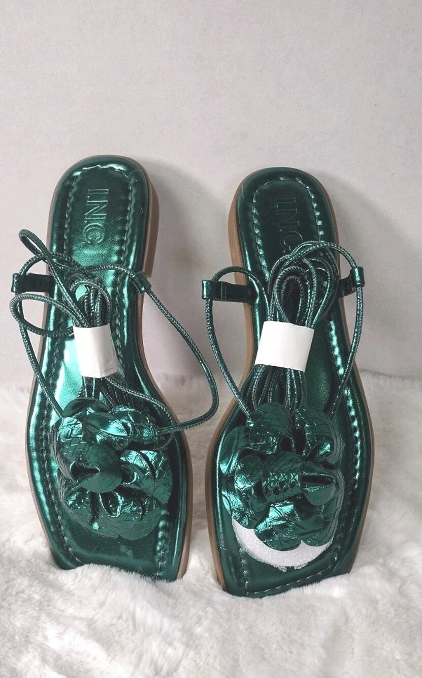 New~I.N.C. Womens Gilma Flower Flat Green 8M Viking Gladiator Sandals